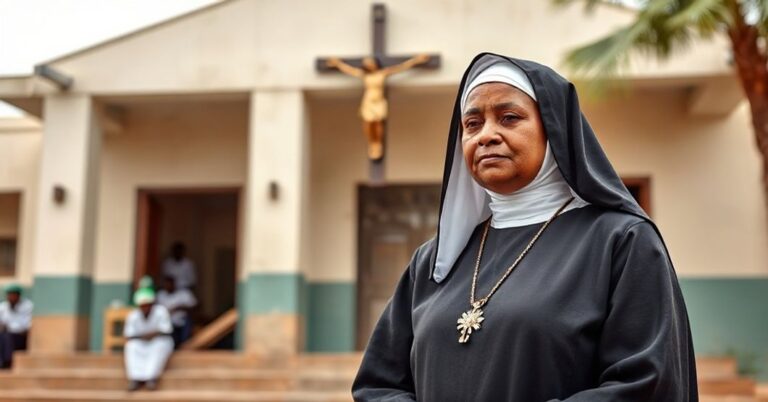 Zdjęcie przedstawiające katolicką siostrę Loretanek przed szkołą w Sudanie Południowym, symbolizujące prawdziwą misję Kościoła