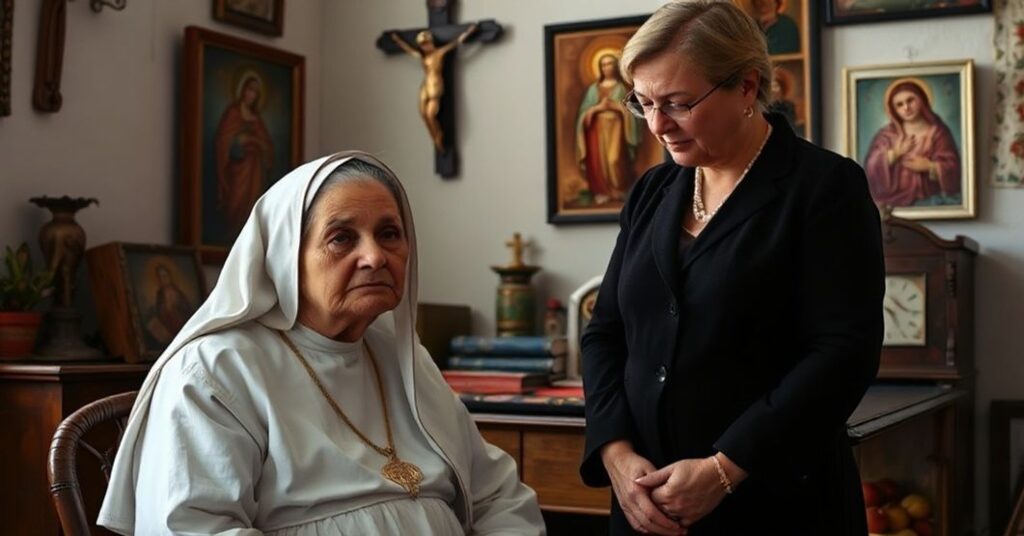 Portret siostry Łucji dos Santos z dr Brancy Pereira Acevedo w pokoju z katolickimi symbolami.