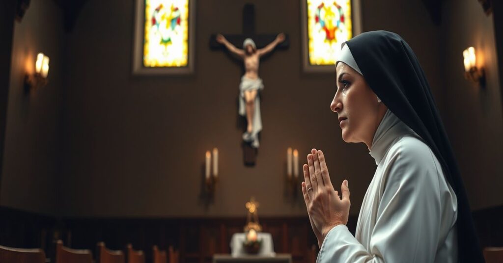 Siostra Luigia Gazzoli w modlitwie przed krzyżem w kaplicy