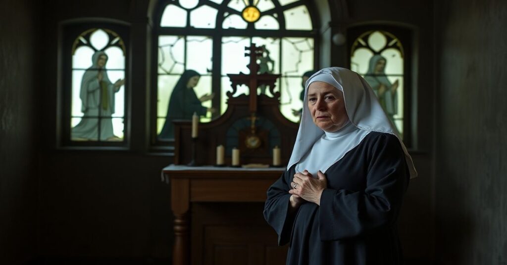 Siostra Małgorzata Banaś modląca się przed tabernakulum w zniszczonej kaplicy w Nowogródku podczas sowieckiej okupacji