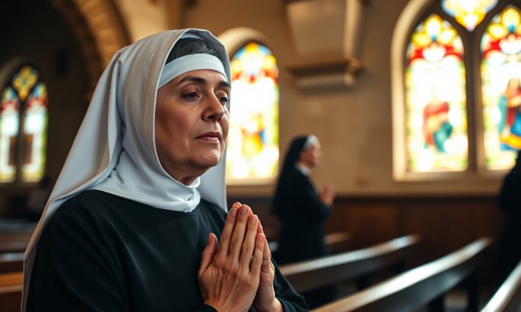 Zdjęcie przedstawiające zakonnicę Siostrę Marie-Reine modlącą się w kaplicy w Jerozolimie.