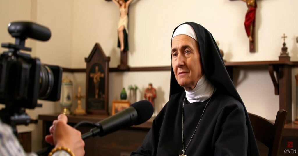 Siostra Mary Agnes Donovan w habitach podczas wywiadu z EWTN
