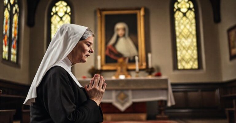 Portret siostry Mary Michael z zakonu Klarysek od Wieczystej Adoracji modlącej się przed tradycyjnym ołtarzem katolickim.