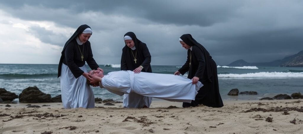 Zdjęcie przedstawiające siostrę Nadir Santos da Silva i jej współsiostry karmelitanki na plaży w Sycylii po tragicznej śmierci siostry.