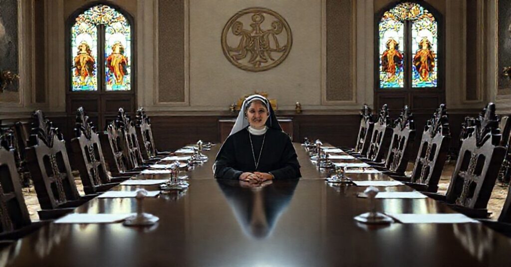 Portret siostry Raffaelli Petrini w habitach zakonnych na czele watykańskiej komisji ustawodawczej, otoczonej pustymi fotelami kardynalskimi.