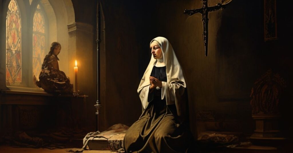 Sztuka przedstawiająca siostrę Adelgund Tumińską w tradycyjnym habitu zakonnego przed krucyfiksem w świetle świec kościelnych. Scena odzwierciedla jej męczeńską śmierć w 1945 roku.