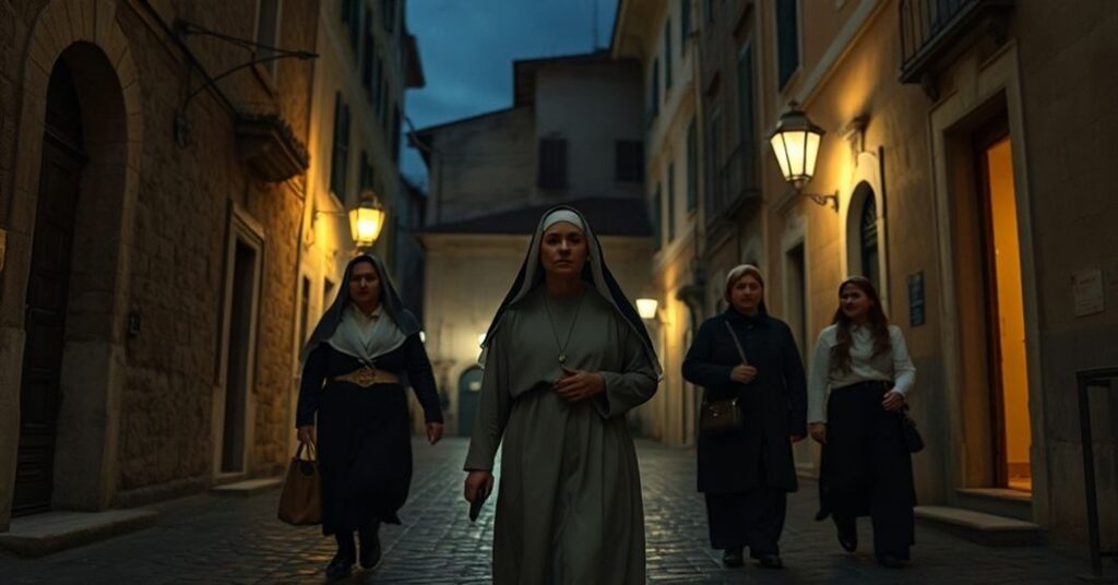 Tradycyjna katolicka scena przedstawiająca nowoczesną 'siostrę' Cary Venditti nocą w Rzymie i Abruzji, oferującą schronienie ofiarom handlu ludźmi bez nawrócenia sakramentalnego.