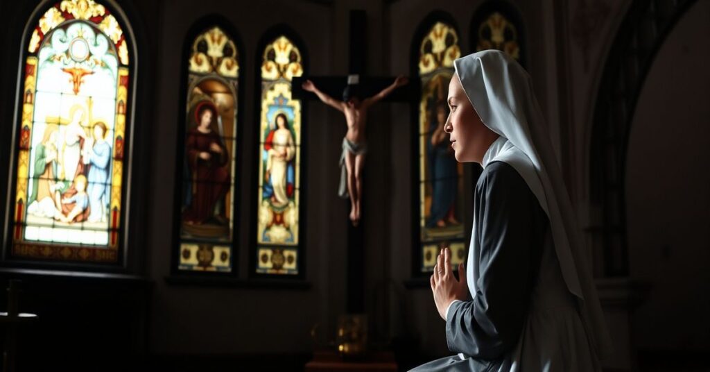 Portret tradycyjnej zakonnej siostry w kaplicy modlącej się przed krucyfiksem
