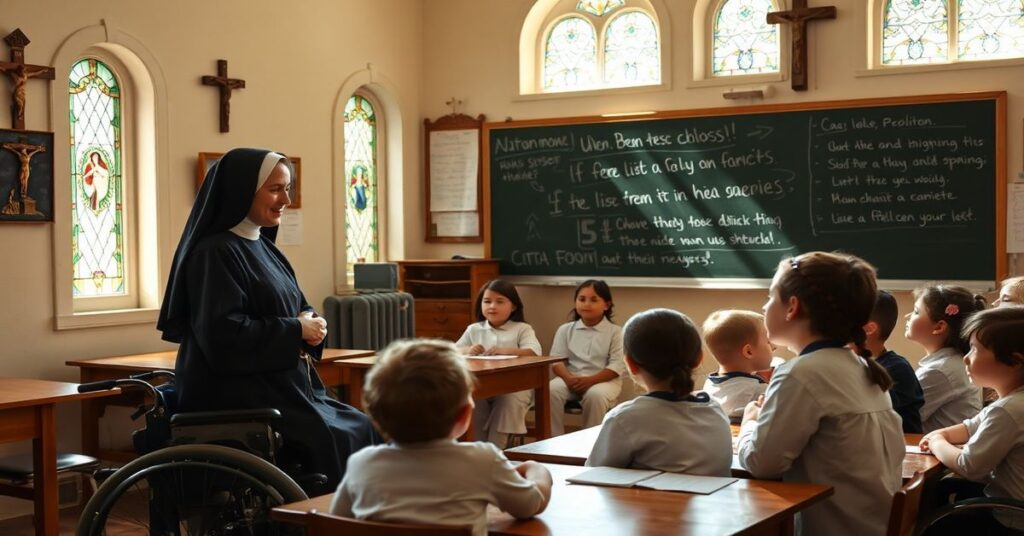 Scena w klasie katolickiej z siostrą zakonną uczyącą dzieci, w tym dziecka na wózku inwalidzkim