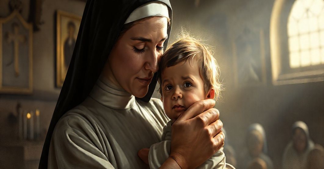 Siostra zakonna trzymająca żydowskie dziecko w czasie II wojny światowej, przedstawiająca chrześcijańskie miłosierdzie.