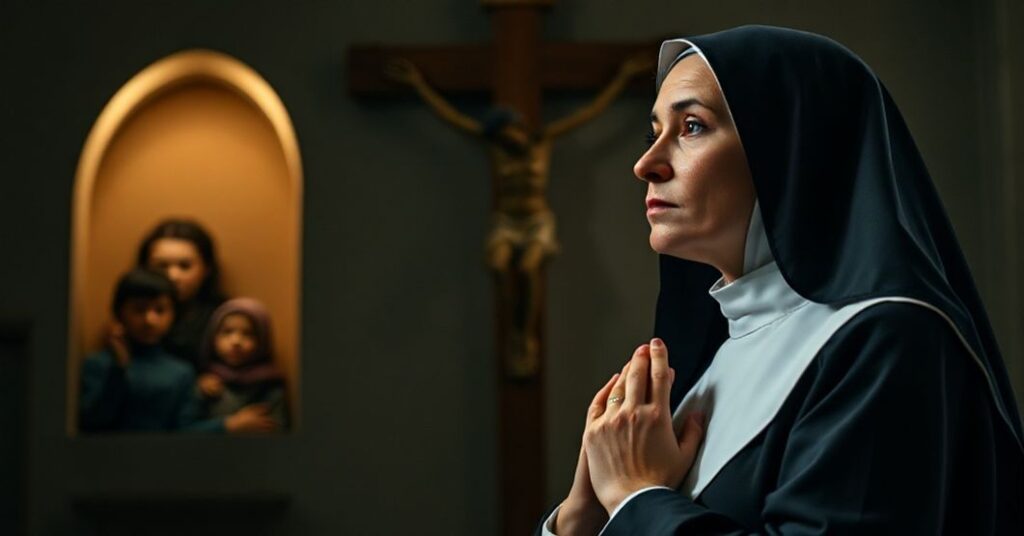 Zdjęcie przedstawiające siostrę zakonną w tradycyjnym habicie modlącej się przed krucyfiksem, z ukrytymi żydowskimi dziećmi na tle.