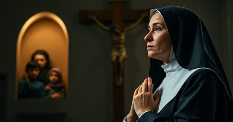 Zdjęcie przedstawiające siostrę zakonną w tradycyjnym habicie modlącej się przed krucyfiksem, z ukrytymi żydowskimi dziećmi na tle.