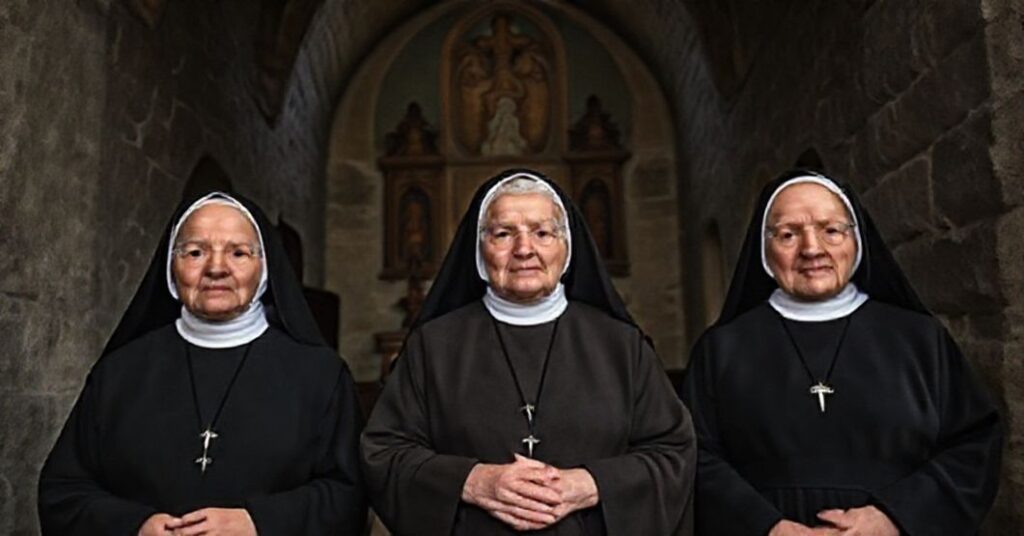 Trzy starsze siostry augustianki stojące w klasztorze w Goldenstein, Austria, manifestując swoją wierność przed obliczem modernistycznych represji.