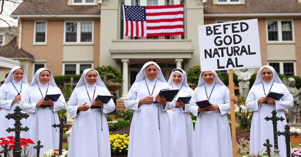Grupa tradycyjnych sióstr dominikanek w białych habitach stoi zdecydowanie przed Domem Rosary Hill w Hawthorne, Nowy Jork, trzymając różańce i książki modlitewne z poważnym ale zdecydowanym wyrazem twarzy, stając przeciw protestowemu transparentowi 'Obronić Boże Prawo Naturalne'. W tle widnieje nowoczesny budynek rządowy ze sztandarem stanu Nowy Jork.