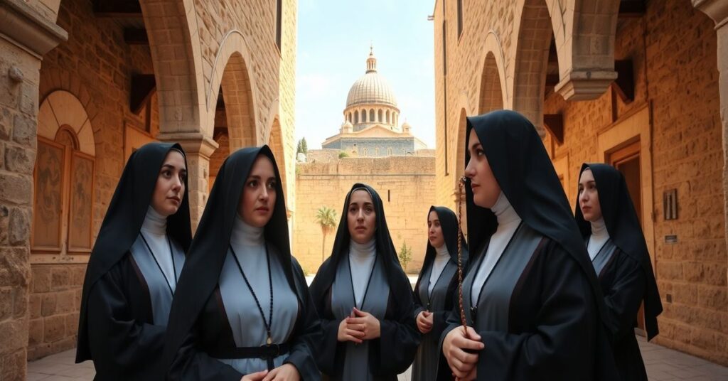 Grupa polskich sióstr Elżbietanek w tradycyjnych habitach stoi w dziedzińcu Domu Polskiego w Jerozolimie przed tłem budynków z kamienia.