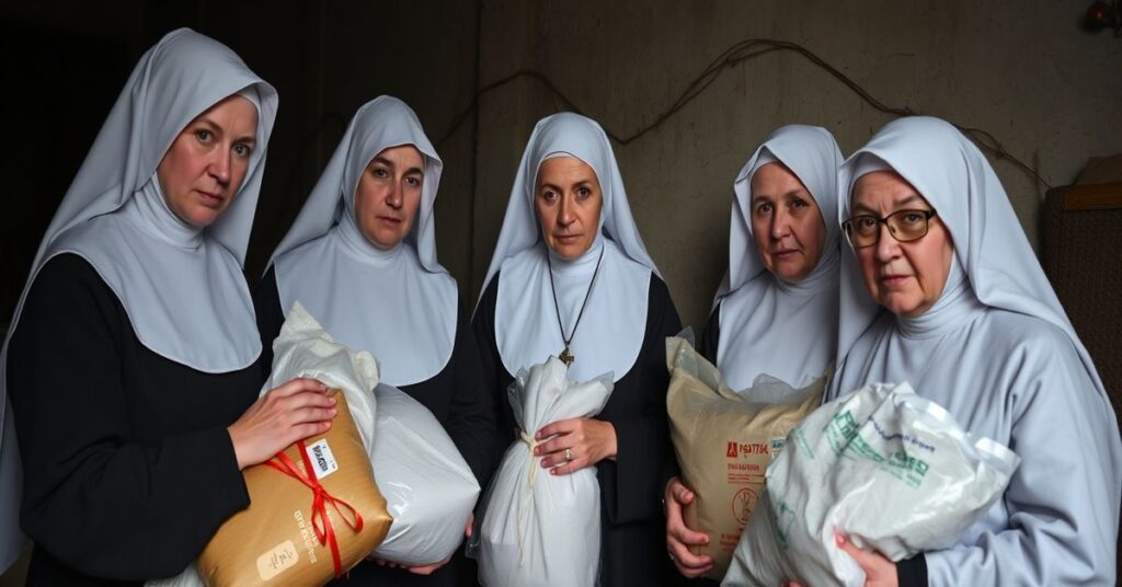 Grupa sióstr honoratek w tradycyjnych habitach rozdający pomoc humanitarną na wojennej Ukrainie