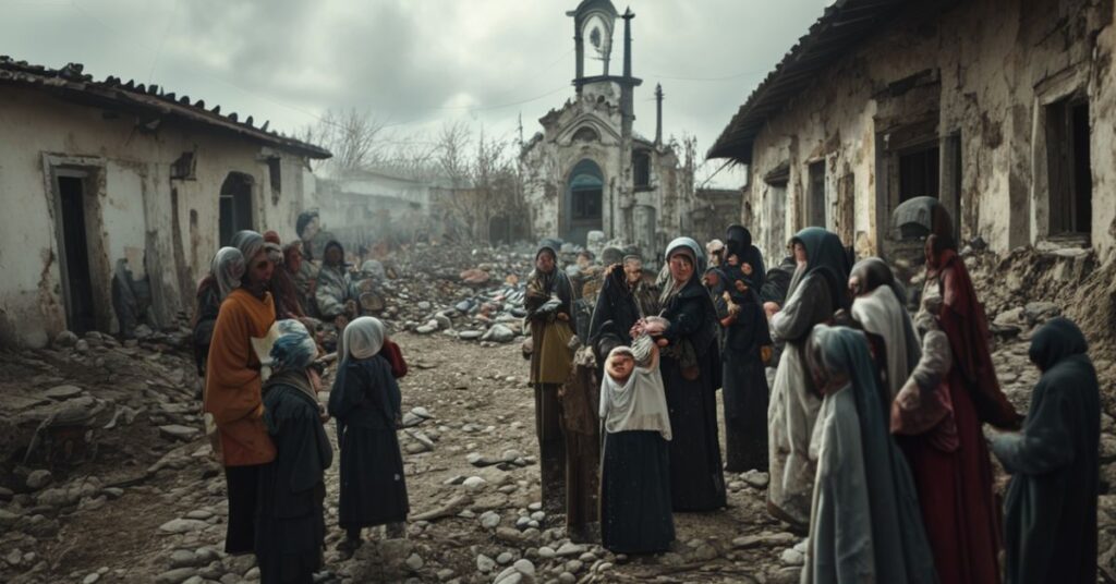 Grupa sióstr honoratek w tradycyjnych habitach rozdaje pomoc materialną w zniszczonej ukraińskiej wiosce podczas wojny