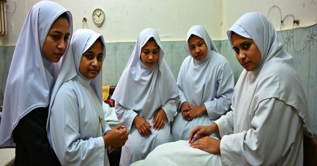 Siostry katolickie w tradycyjnych habitach opiekujące się pacjentami gruźlicy w szpitalu w Bangladeszu