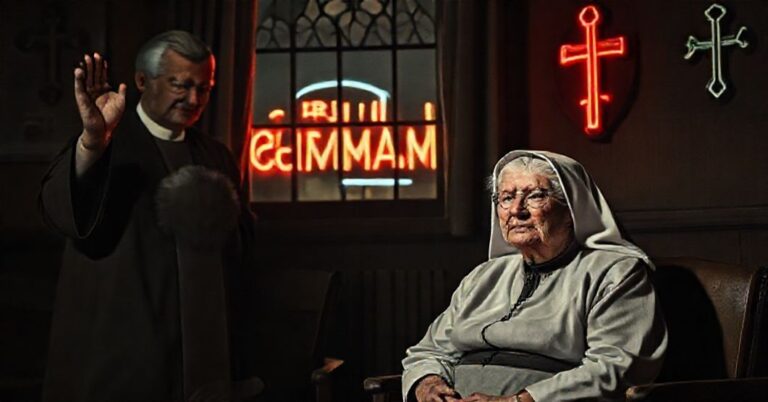 Portret siostry Alice i Ellen Kessler w tradycyjnych strojach niemieckich w pokoju z katolickimi symbolami.