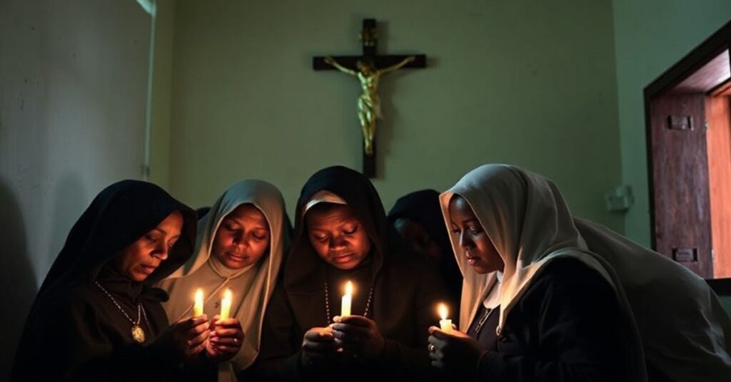 Grupa sióstr zakonnych w tradycyjnych habitach modlących się różańcem w ciemnym pomieszczeniu podczas rebelii w Południowym Kiwu, Kongo. Na tle krzyża i świec.