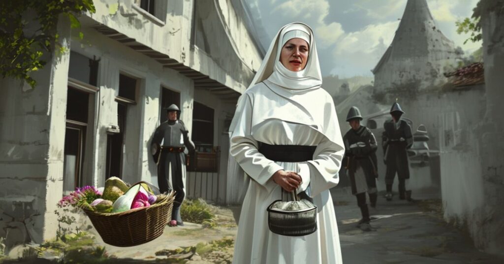 Katolicka siostra w białym habitie trzymająca koszyk z żywnością i środkami higienicznymi przy budynku w Rydze.
