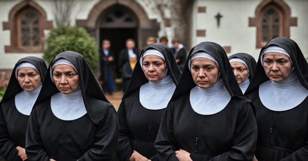 Tradycyjny klasztor w Aarle-Rixtel z siostrami w habitach na pierwszym planie i ukraińskimi uchodźcami w tle - brak widocznej ewangelizacji.