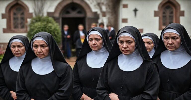 Tradycyjny klasztor w Aarle-Rixtel z siostrami w habitach na pierwszym planie i ukraińskimi uchodźcami w tle - brak widocznej ewangelizacji.