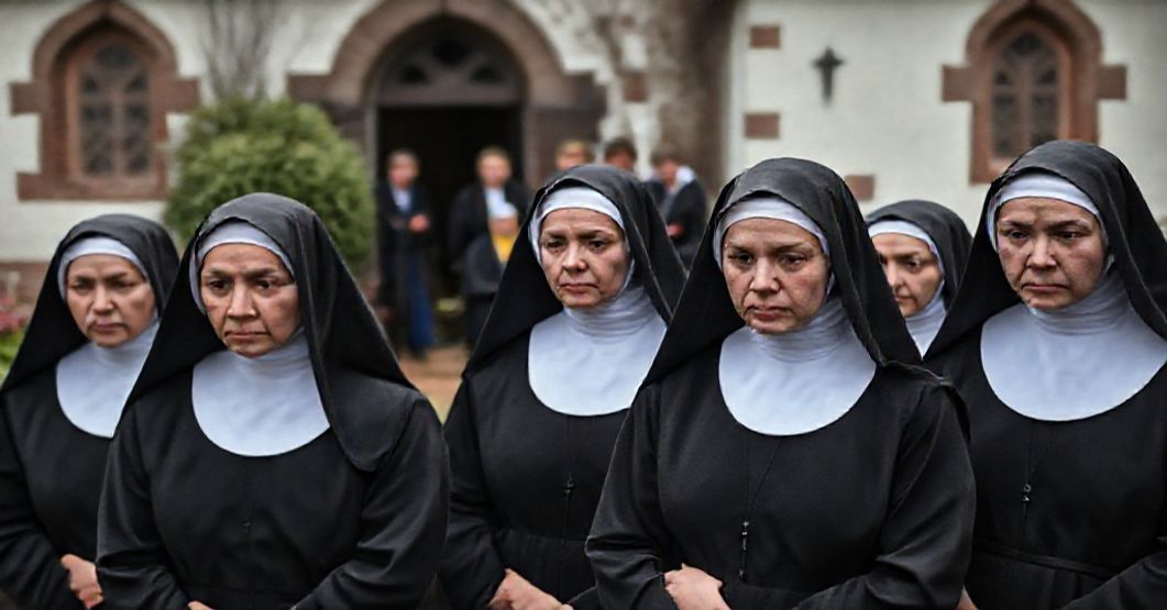 Siostry Misjonarki Najdroższej Krwi - humanitarna pomoc bez ewangelizacji Tradycyjny klasztor w Aarle-Rixtel z siostrami w habitach na pierwszym planie i ukraińskimi uchodźcami w tle - brak widocznej ewangelizacji.