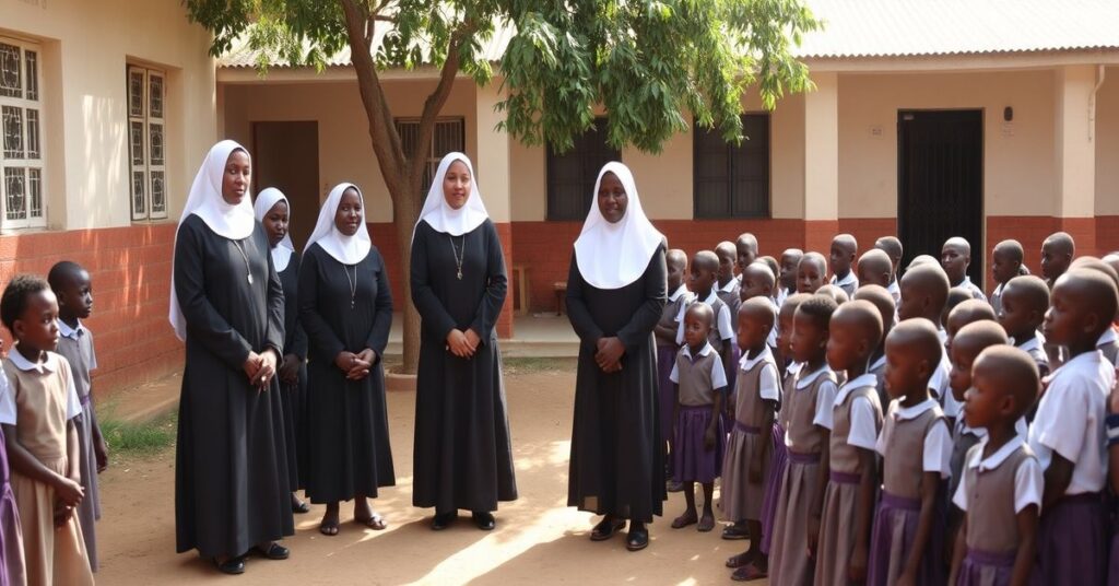 Grupa Sióstr Pallotynek w tradycyjnych habitach w szkole w Tanzanii, otoczone młodymi afrykańskimi dziewczętami. Scena skupia się na edukacji materialnej bez widocznego duchowego przewodnictwa.