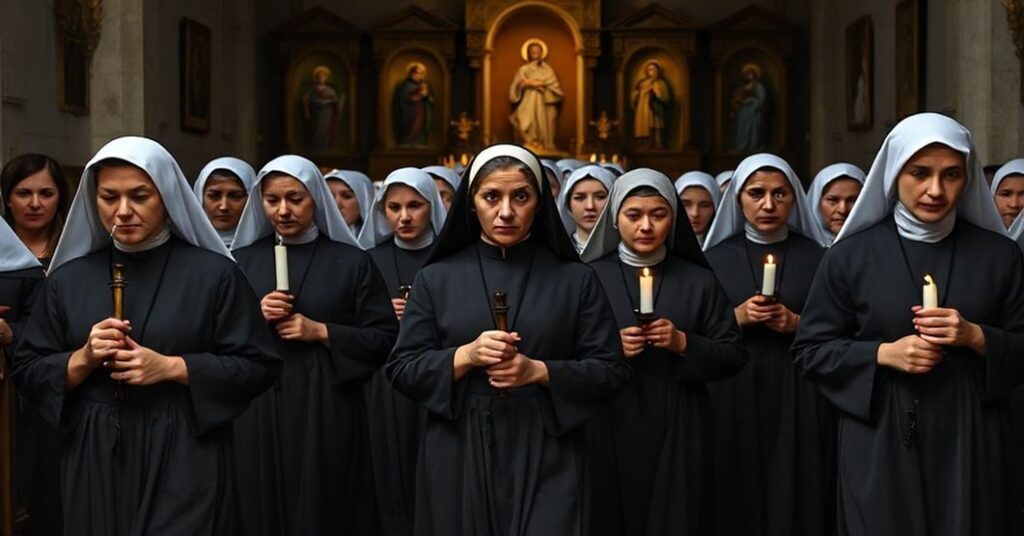 Grupa Sióstr Służebniczek w tradycyjnych habitach podczas poważnej procesji religijnej w kościele z dziełami sztuki sakralnej na tle.