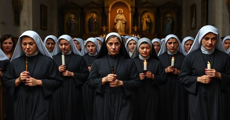 Grupa Sióstr Służebniczek w tradycyjnych habitach podczas poważnej procesji religijnej w kościele z dziełami sztuki sakralnej na tle.