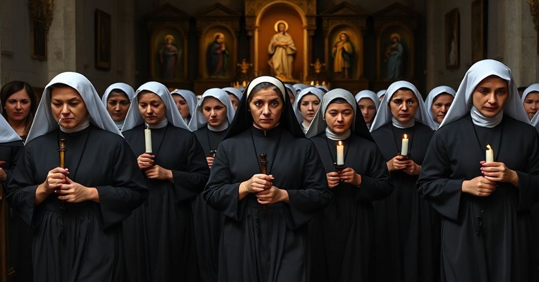 Grupa Sióstr Służebniczek w tradycyjnych habitach podczas poważnej procesji religijnej w kościele z dziełami sztuki sakralnej na tle.