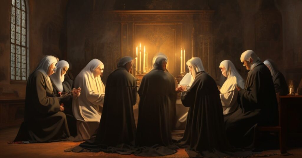 Siostry zakonne w tradycyjnych habitach modlą się przed tabernakulum w kaplicy, obok nich seniorzy trzymają różańce.