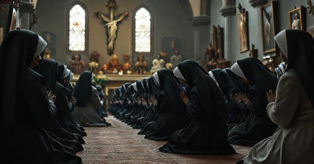 Tradycyjne katolickie siostry zakonne modlące się w kaplicy za ofiarami współczesnego niewolnictwa