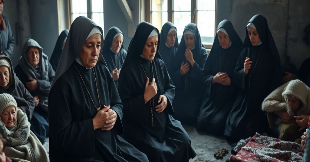 Tradycyjne siostry zakonne w habitach modląc się w zimnym ukraińskim domu podczas wojny