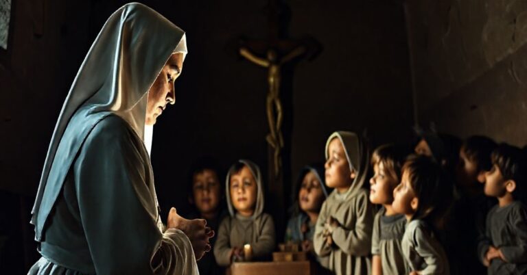 Obraz przedstawia siostrę zakonneną w tradycyjnym habicie modlącą się przed krucyfiksem w obecności dzieci żydowskich podczas II wojny światowej.