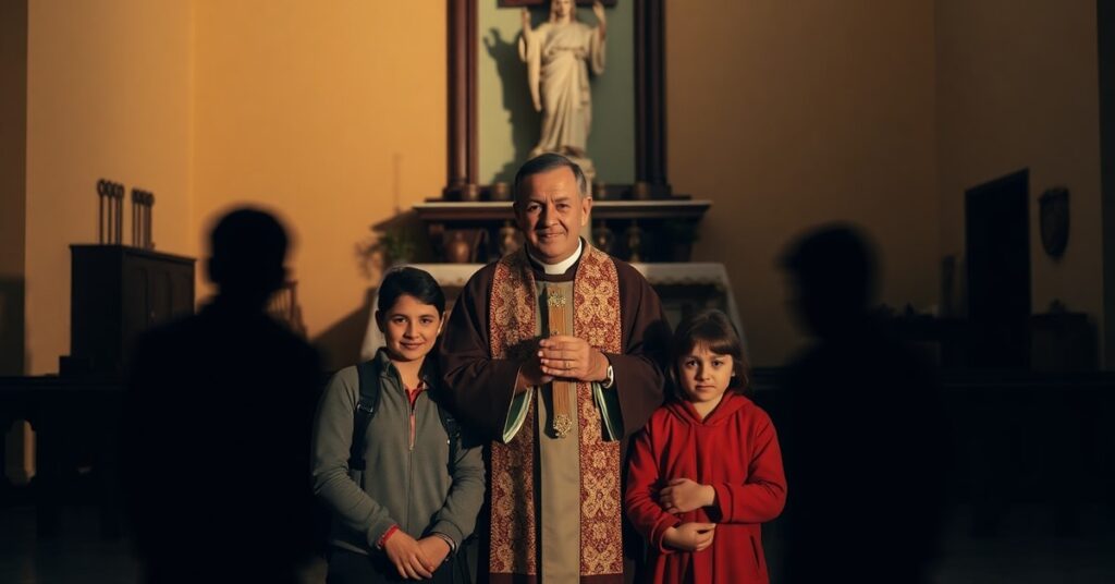 Rodzina migrantów stoi przed tradycyjnym kościołem katolickim z zakonnikiem skalabryniańskim trzymającym krzyż. Po ich lewej stronie widnieją cienie pustych miseczek z jedzeniem i narzędzi warsztatowych