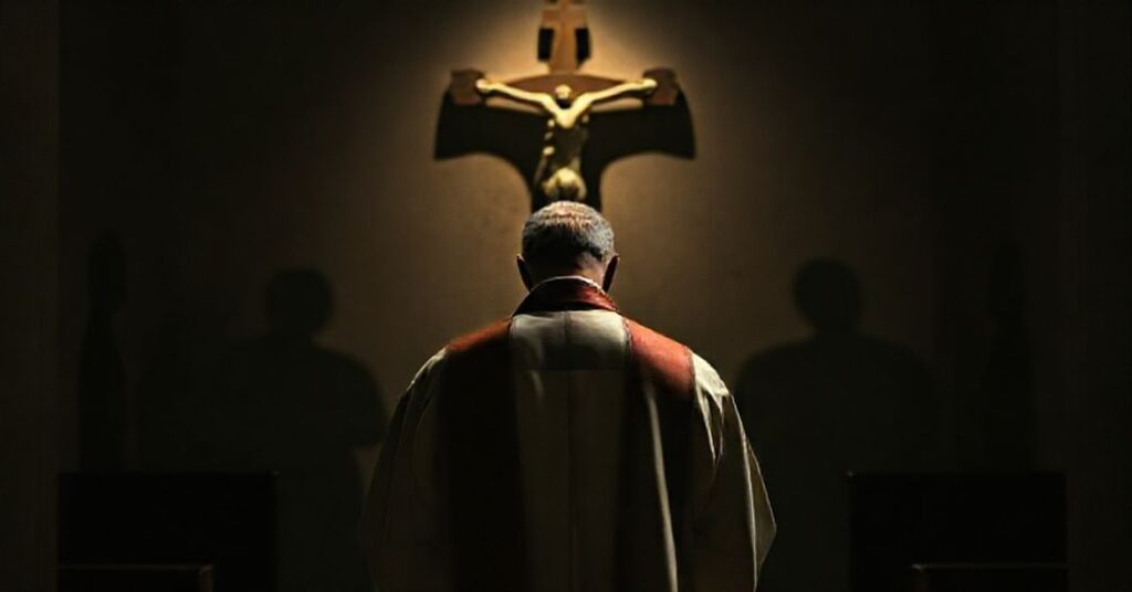 Księd w tradycyjnej sutułce modli się przed krzyżom we wzniosłej atmosferze kościelnej.