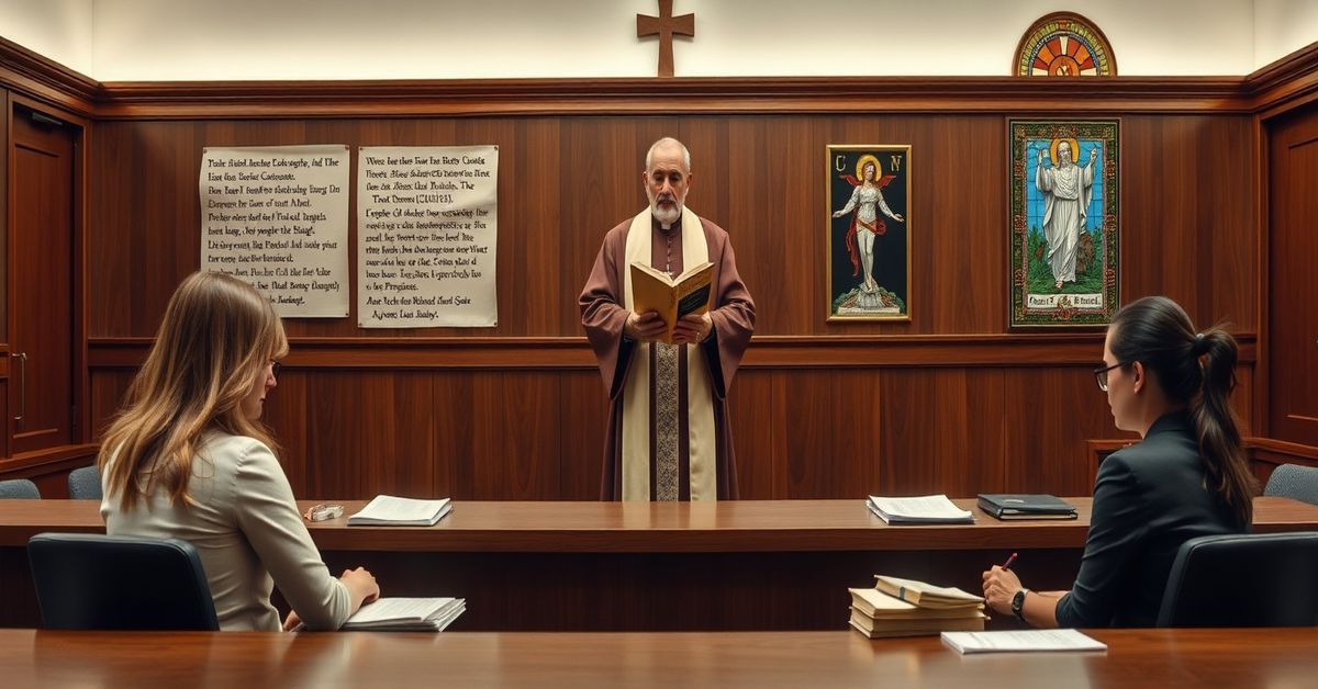 Sobórny scenariusz sądowy przedstawiający czterech oskarżonych w sprawie oszustwa finansowego w organizacji katolickiej. W tle biskup w tradycyjnych szatach kościelnych symbolizuje moralne konsekwencje ich czynów.