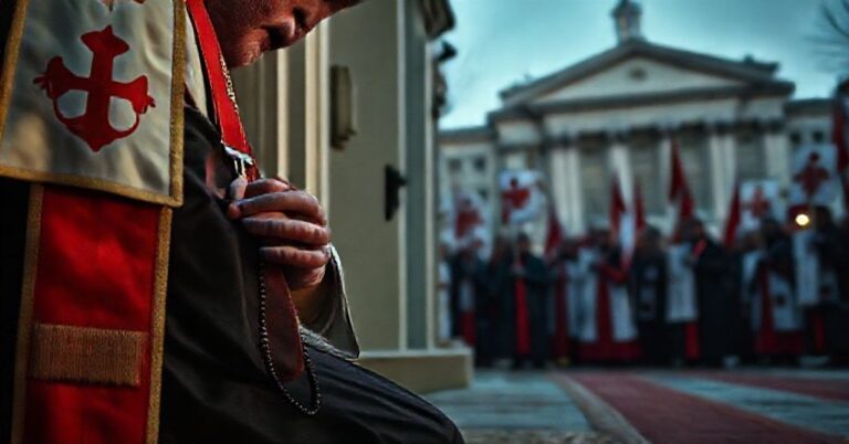 Kneeling priest in traditional attire praying before a courtroom during financial scandal involving Father Tadeusz Rydzyk and John Paul II museum