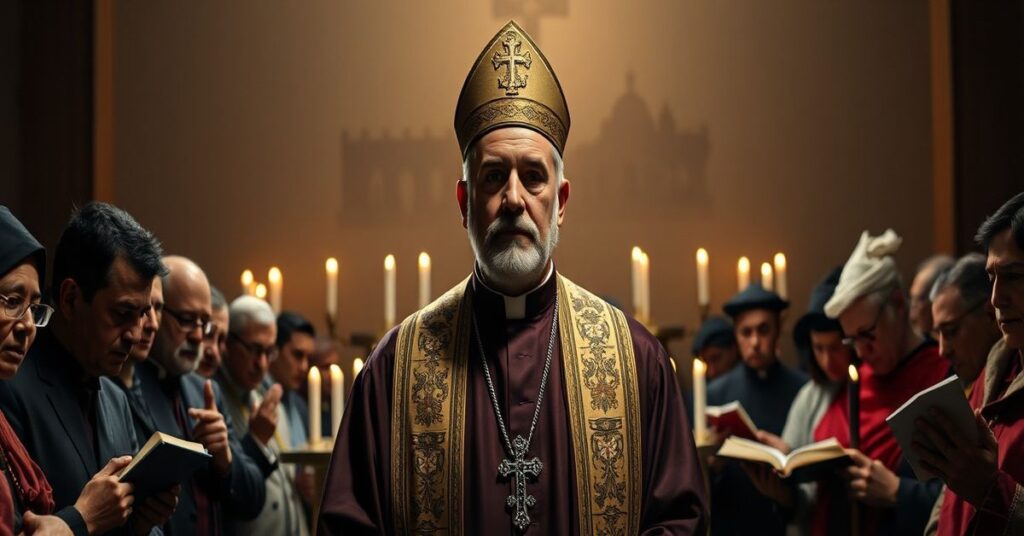 Portret biskupa Emanuela Shalety przed tradycyjnym chaldejskim ołtarzem w atmosferze poważnej i wątpliwości.