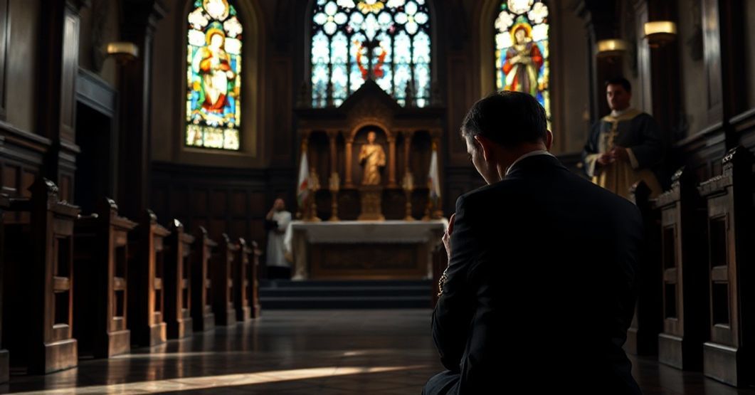 Tradycyjny wnętrze kościelne z tabernakulum na środek, przyćmione przez witraże. Na pierwszym planie pokutujący parafianin trzymając różeńce, w tle postać duchownego. Scena oddaje duchowy kryzys i finansową zdradę.