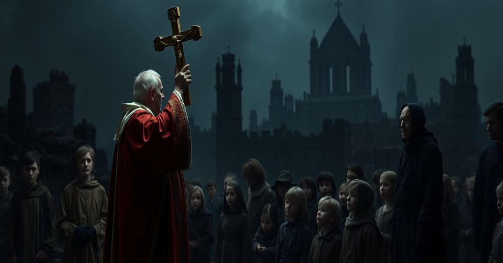 Ksiądz w tradycyjnych szatach kapłańskich stoi przed grupą smutnych dzieci przed ruinami miasta w Wielkiej Brytanii.