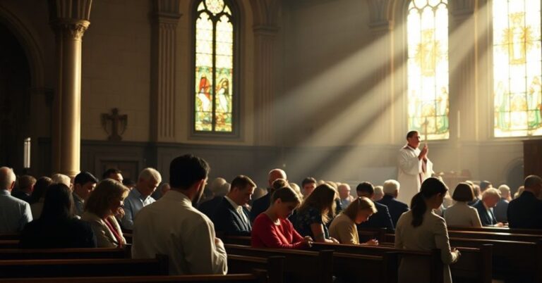 Wnętrze kościoła katolickiego z tradycyjną mszą w trakcie celebracji. Skupiona grupa wiernych modli się przed ołtarzem