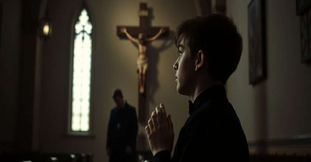 Młodzieniec modli się w kaplicy przed krzyżem w atmosferze tragizmu i rozpaczy z powodu skandalu z jezuitami w Oksfordzie