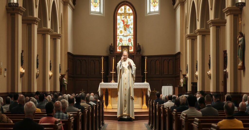 Sobór w Los Angeles z biskupem w liturgicznych szatach i wiernymi na kolanach podczas Mszy za Cesarza Chavez.