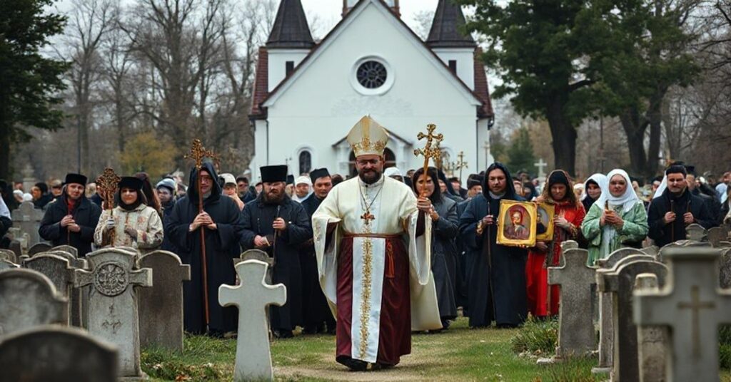 Wybrana wizerunek przedstawia skandaliczną ekumeniczną procesję w Lublinie z udziałem schizmatyków prawosławnych i fałszywych księdzy katolickich na cmentarzu. Scena symbolizuje zdradę katolickiej wiary przez współczesny ekumenizm.