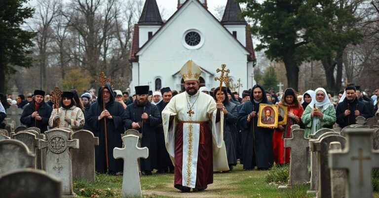 Wybrana wizerunek przedstawia skandaliczną ekumeniczną procesję w Lublinie z udziałem schizmatyków prawosławnych i fałszywych księdzy katolickich na cmentarzu. Scena symbolizuje zdradę katolickiej wiary przez współczesny ekumenizm.