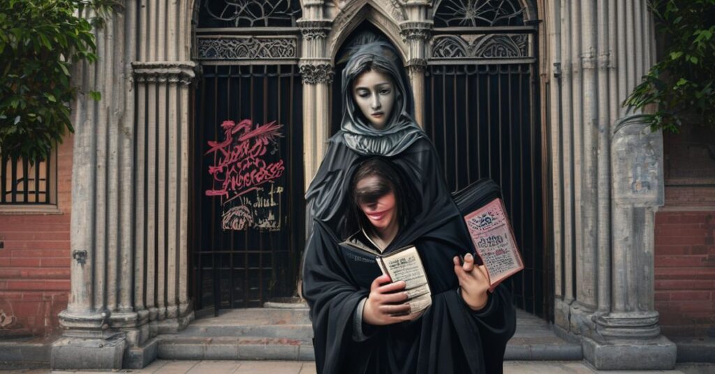 Tradcyjny katolicki student przed bramą Uniwersytetu Notre Dame czytający artykuł o nominacji proaborcyjnej profesorki Susan Ostermann