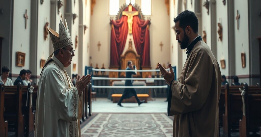 Biskup lub kapłan modli się w tradycyjnym kościele na tle skandalu bokserki Imane Khelif z męskimi chromosomami XY
